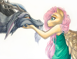 Size: 800x609 | Tagged: safe, artist:chasingthesilverstag, discord, fluttershy, draconequus, pegasus, anthro, g4, alternate universe, clothes, dress, hand on cheek, looking at each other, simple background, traditional art, white background