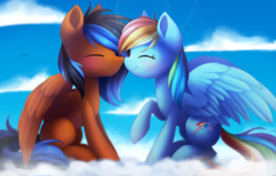 Size: 3851x2444 | Tagged: safe, artist:scarlet-spectrum, rainbow dash, oc, pony, g4, blushing, boop, canon x oc, cloud, commission, eyes closed, female, high res, male, noseboop, raised hoof, sitting, straight