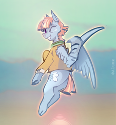 Size: 2128x2300 | Tagged: safe, artist:alumx, windy whistles, pegasus, pony, g4, clothes, cute, female, flying, grin, high res, looking at you, looking back, looking back at you, mare, one eye closed, pointing, smiling, solo, spread wings, underhoof, wing hands, wings, wink