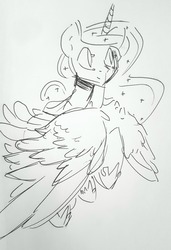 Size: 1280x1868 | Tagged: safe, artist:darkflame75, princess luna, alicorn, pony, lunadoodle, g4, female, flying, ink drawing, monochrome, simple background, solo, traditional art, white background