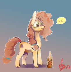 Size: 1416x1443 | Tagged: safe, artist:alumx, pear butter, earth pony, pony, g4, the perfect pear, bottle, dialogue, female, mare, solo