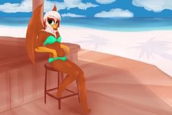 Size: 3000x2000 | Tagged: safe, artist:chapaevv, oc, oc only, oc:ingrid, avian, griffon, anthro, bar, beach, bikini, clothes, female, high res, legs, looking at you, ocean, palm tree, sitting, sky, solo, swimsuit, tree, water