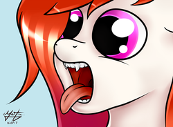 Size: 2500x1842 | Tagged: safe, artist:azerta56, oc, oc only, oc:ruby guko, bat pony, pony, fangs, foal, human teeth, mawshot, open mouth, simple background, solo, young