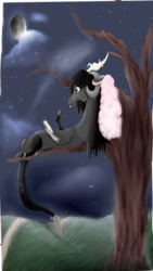 Size: 1280x2276 | Tagged: safe, artist:mr100dragon100, oc, oc only, oc:raven the draconequus, draconequus, pony, cloud, cotton candy, cotton candy cloud, food, moon, night, solo, stars, tree