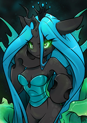 Size: 3508x4961 | Tagged: safe, artist:kez, queen chrysalis, changeling, changeling queen, anthro, semi-anthro, unguligrade anthro, g4, arm hooves, breasts, cleavage, crown, female, glowing eyes, jewelry, regalia, solo