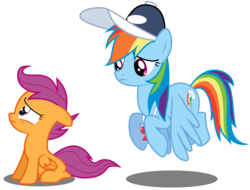 Size: 1438x1092 | Tagged: safe, artist:byteslice, rainbow dash, scootaloo, pegasus, pony, g4, .svg available, coach, coach rainbow dash, coaching cap, crying, duo, duo female, female, filly, flying, hat, mare, simple background, sitting, svg, transparent background, vector, whistle