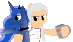 Size: 1400x800 | Tagged: safe, artist:mightyshockwave, princess luna, oc, oc only, oc:weary heart, pony, g4, my little pony: tails of equestria, clothes, coffee, doll, hoof hold, plushie, shirt, simple background, toy