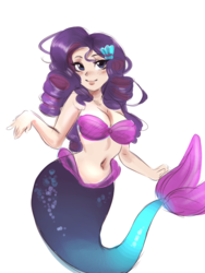 Size: 2344x3125 | Tagged: safe, artist:mrscurlystyles, derpibooru exclusive, rarity, human, mermaid, g4, belly button, breasts, busty rarity, cleavage, female, high res, humanized, mermaidized, mermarity, midriff, seashell bra, simple background, smiling, solo, white background