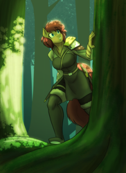 Size: 2400x3300 | Tagged: safe, artist:toughset, oc, oc only, oc:latch, anthro, armor, clothes, dagger, female, forest, high res, rapier, socks, solo, story included, sword, thigh highs, tree, weapon
