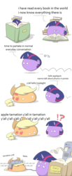 Size: 1237x3001 | Tagged: safe, artist:switchy, applejack, twilight sparkle, pony, g4, ball, book, glasses, polandball, simple background, what in tarnation, white background, y'all