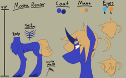 Size: 2576x1600 | Tagged: safe, artist:moonakart13, artist:moonaknight13, oc, oc only, oc:moona reaper, pony, unicorn, cutie mark, hair antenna, markings, reference sheet, scythe, solo