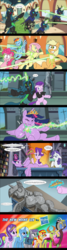 Size: 762x2855 | Tagged: safe, artist:atariboy2600, applejack, discord, fluttershy, maud pie, pinkie pie, queen chrysalis, rainbow dash, rarity, starlight glimmer, sunset shimmer, thorax, trixie, twilight sparkle, alicorn, changedling, changeling, draconequus, pony, unicorn, g4, comic, death, female, laser, mane six, mare, petrification, the transformers: the movie, this will end in tears, transformers, twilight sparkle (alicorn)