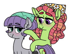 Size: 1025x778 | Tagged: safe, artist:sodaaz, maud pie, tree hugger, earth pony, pony, g4, alternate hairstyle, bandana, blushing, crack shipping, ear fluff, female, lesbian, looking at each other, maudhugger, shipping, simple background, white background