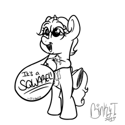 Size: 2000x2000 | Tagged: safe, artist:binkyt11, derpibooru exclusive, oc, oc only, oc:belladonna lamia, pony, squirrel, unicorn, bow, childhood innocence, dead, female, filly, high res, innocent, monochrome, solo, speech bubble, tail bow, x eyes, younger