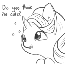 Size: 701x692 | Tagged: safe, artist:tjpones, starlight glimmer, pony, unicorn, g4, bronybait, bust, cute, dialogue, female, glimmerbetes, grayscale, monochrome, portrait, simple background, smiling, solo, sparkles, white background