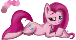 Size: 1231x649 | Tagged: safe, artist:mintatheena, pinkie pie, earth pony, pony, g4, blushing, color palette, female, looking back, lying down, mare, pinkamena diane pie, simple background, solo, transparent background
