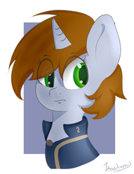 Size: 441x573 | Tagged: safe, artist:itwasscatters, oc, oc only, oc:littlepip, pony, unicorn, fallout equestria, clothes, fanfic, fanfic art, female, horn, jumpsuit, mare, simple background, solo, vault suit