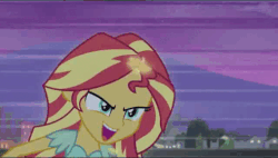 Size: 507x287 | Tagged: safe, screencap, sunset shimmer, equestria girls, g4, my little pony equestria girls: rainbow rocks, my past is not today, animated, female, gif, glowing, happy, magic, running, smiling, smirk