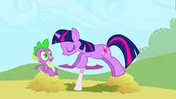 Size: 1920x1080 | Tagged: safe, screencap, spike, twilight sparkle, dragon, unicorn, g4, my little pony: friendship is magic, the ticket master, duo, duo male and female, eyes closed, female, hay, leaning, male, mushroom table, out of context, ponyville, table, unicorn twilight, wide eyes