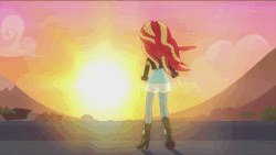 Size: 531x300 | Tagged: safe, screencap, sunset shimmer, equestria girls, g4, my little pony equestria girls: rainbow rocks, my past is not today, animated, boots, clothes, female, gif, hair, horizon, jeans, mountain, pants, shoes, sunset
