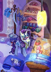 Size: 1000x1400 | Tagged: safe, artist:drknz13, opalescence, rarity, pony, g4, duo, fabric, glasses, hat, pin, pincushion, scissors, sewing machine, thread