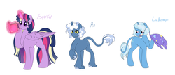 Size: 6000x2600 | Tagged: safe, artist:marukouhai, pokey pierce, trixie, twilight sparkle, alicorn, pony, g4, curved horn, headcanon, high res, horn, leonine tail, magic, raised hoof, simple background, twilight sparkle (alicorn), white background