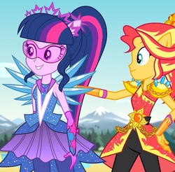 Size: 1099x1080 | Tagged: safe, screencap, sci-twi, sunset shimmer, twilight sparkle, equestria girls, g4, my little pony equestria girls: legend of everfree, bracelet, clothes, cropped, crown, crystal, crystal guardian, crystal wings, jewelry, ponied up, regalia, sci-twilicorn, suit, super ponied up