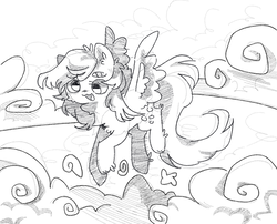 Size: 1708x1380 | Tagged: safe, artist:kotoink, derpy hooves, pony, g4, :3, cheek fluff, chest fluff, cloud, female, flying, leg fluff, monochrome, solo