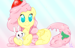 Size: 2878x1826 | Tagged: safe, artist:gingerthefox, angel bunny, fluttershy, food pony, ice cream pony, original species, pony, g4, folded wings, food, ice cream, no pupils, prone, smiling, species swap, strawberry