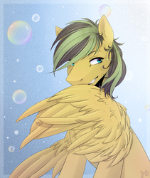 Size: 1371x1628 | Tagged: safe, artist:kindly-fox, oc, oc only, oc:ailan, pegasus, pony, bubble, large wings, solo, wings