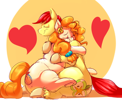 Size: 3000x2500 | Tagged: dead source, safe, artist:graphenescloset, artist:sirmasterdufel, bright mac, pear butter, earth pony, pony, g4, the perfect pear, chubby, fat, female, high res, hug, male, plump, ship:brightbutter, shipping, straight