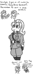 Size: 427x962 | Tagged: safe, artist:jargon scott, starlight glimmer, twilight sparkle, alicorn, unicorn, anthro, g4, banquet, clothes, dialogue, dictator, equal sign, equality, heck, meme, monochrome, stalin glimmer, twilight sparkle (alicorn), uniform, wow! glimmer