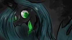 Size: 1600x900 | Tagged: safe, artist:pony quarantine, queen chrysalis, changeling, changeling queen, g4, crookedtrees, drool, female, glowing eyes, open mouth, solo, style emulation