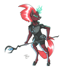 Size: 800x866 | Tagged: safe, artist:melindaington, tempest shadow, unicorn, anthro, unguligrade anthro, g4, my little pony: the movie, broken horn, female, horn, magic, realistic horse legs, simple background, solo, sparking horn, staff, staff of sacanas, white background