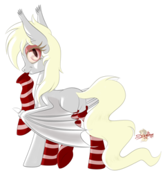 Size: 774x800 | Tagged: safe, artist:unisoleil, oc, oc only, oc:albi light wing, bat pony, pony, albino, clothes, female, mare, mouth hold, nightpony, simple background, socks, solo, striped socks, transparent background