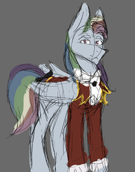 Size: 614x784 | Tagged: safe, artist:al1-ce, derpibooru exclusive, rainbow dash, pony, the count of monte rainbow, g4, clothes, discorded, female, gray background, rainbow dantes, simple background, sketch, solo, the count of monte cristo, wip