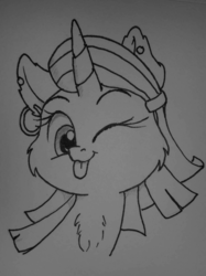 Size: 1280x1707 | Tagged: safe, artist:malwinters, oc, oc only, oc:sunny days, pony, bust, expressions, monochrome, one eye closed, portrait, solo, tongue out, traditional art, wink