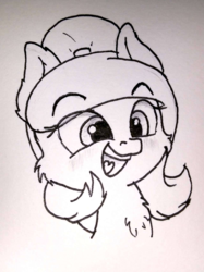 Size: 1280x1707 | Tagged: safe, artist:malwinters, oc, oc only, oc:nightwind, pony, bust, chest fluff, expressions, monochrome, open mouth, portrait, smiling, solo, traditional art