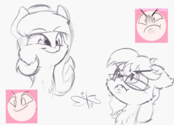 Size: 1050x750 | Tagged: safe, artist:malwinters, oc, oc only, oc:nightwind, oc:wind chime, bat pony, pegasus, pony, >:c, cheek fluff, chest fluff, ear fluff, expressions, fangs, frown, glasses, monochrome, sketch, smiling