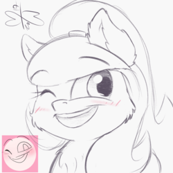 Size: 900x900 | Tagged: safe, artist:malwinters, oc, oc only, oc:nightwind, pony, blushing, expressions, monochrome, one eye closed, open mouth, solo, wink