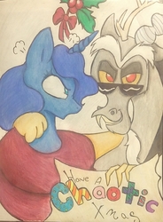 Size: 1831x2484 | Tagged: artist needed, safe, discord, princess luna, alicorn, draconequus, pony, g4, 4chan, angry, christmas, drawthread, grin, holiday, holly, holly mistaken for mistletoe, looking at you, smiling, sunglasses, traditional art