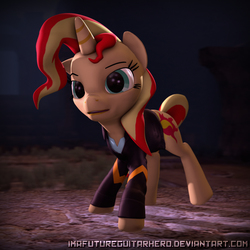 Size: 5400x5400 | Tagged: safe, artist:imafutureguitarhero, sunset shimmer, pony, unicorn, g4, 3d, absurd resolution, clothed ponies, clothes, equestria girls ponified, female, floppy ears, jacket, leather jacket, ponified, ponified humanized pony, raised leg, shirt, solo, source filmmaker