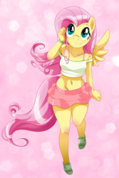 Size: 1004x1500 | Tagged: safe, artist:erohd, fluttershy, pegasus, anthro, belly button, bra strap, clothes, cute, female, legs, midriff, miniskirt, moe, off shoulder, pink underwear, shoes, shyabetes, skirt, sneakers, solo, tanktop, underwear