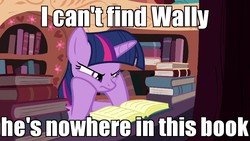 Size: 960x540 | Tagged: safe, edit, edited screencap, screencap, twilight sparkle, alicorn, pony, castle mane-ia, g4, book, doctor who, female, golden oaks library, image macro, meme, reading, solo, twelfth doctor, twilight sparkle (alicorn), where's waldo