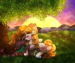 Size: 1024x853 | Tagged: safe, artist:northlights8, oc, oc only, earth pony, pony, duo, female, kissing, male, mare, oc x oc, shipping, stallion, straight, sunset, tree