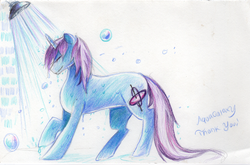 Size: 2529x1668 | Tagged: safe, artist:aquagalaxy, oc, oc only, oc:gyro tech, pony, unicorn, colored pencil drawing, male, shower, solo, traditional art