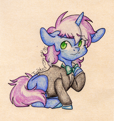 Size: 1639x1734 | Tagged: safe, artist:twisted-sketch, oc, oc only, oc:gyro tech, pony, unicorn, clothes, colored pencil drawing, colt, male, solo, traditional art, tuxedo
