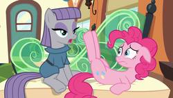 Size: 1920x1080 | Tagged: safe, screencap, maud pie, pinkie pie, earth pony, pony, g4, rock solid friendship, 1080p, couch, female, frown, legs in air, mare, sitting, train