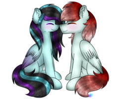 Size: 1024x819 | Tagged: dead source, safe, artist:northlights8, oc, oc only, oc:rosalina skies, pegasus, pony, blushing, duo, eyes closed, female, happy, male, mare, oc x oc, shipping, simple background, stallion, straight, transparent background