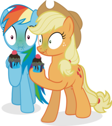 Size: 4914x5550 | Tagged: safe, artist:j5a4, applejack, rainbow dash, earth pony, pegasus, pony, comic:when demons awake, g4, absurd resolution, baked bads, cupcake, duo, eating, female, food, green face, mare, simple background, transparent background